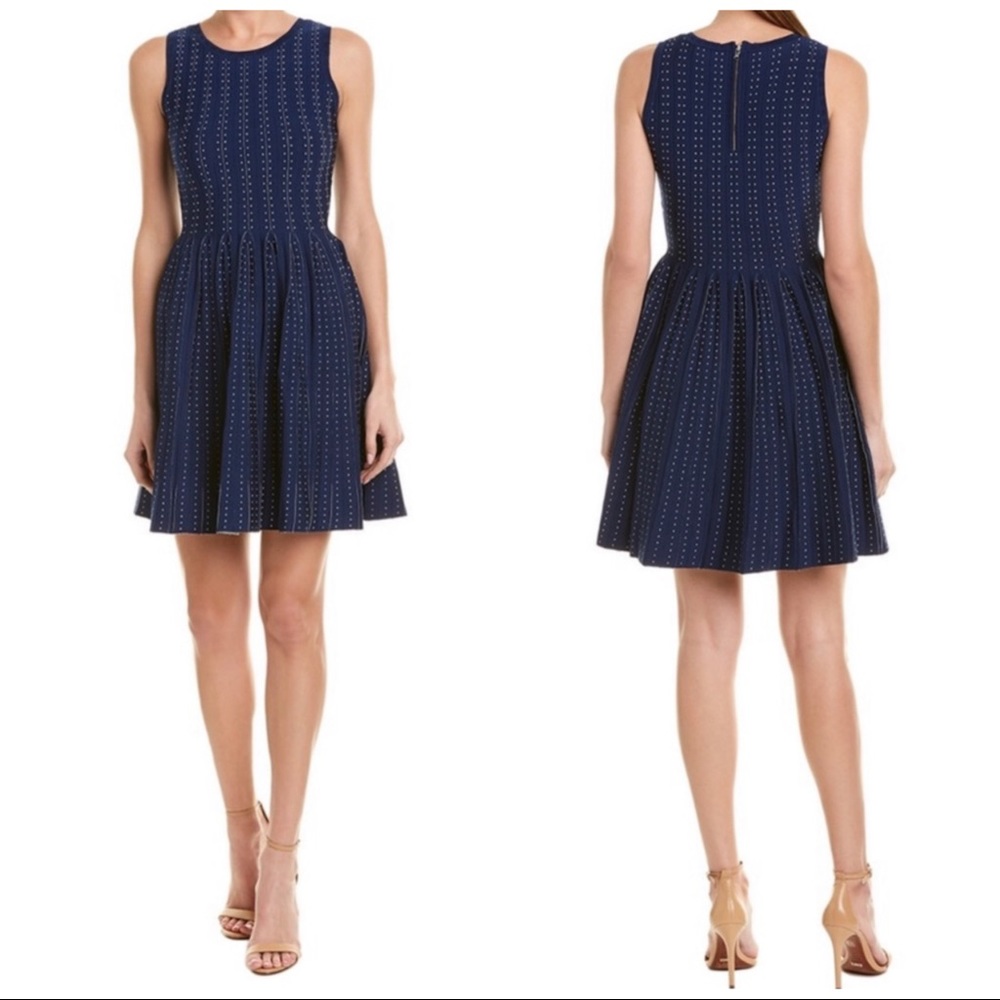 Milly NWT Pleated Dot Print Stretch Dress Blue White,